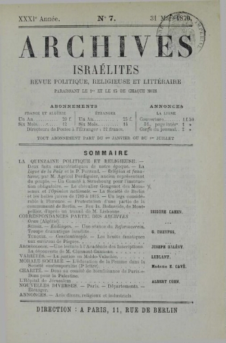 Archives israélites de France. Vol.31 N°07 (01 avr. 1870)